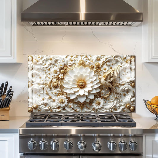 3D Platinum Flowers and Birds - Tempered Glass Backsplash for Kitchen
