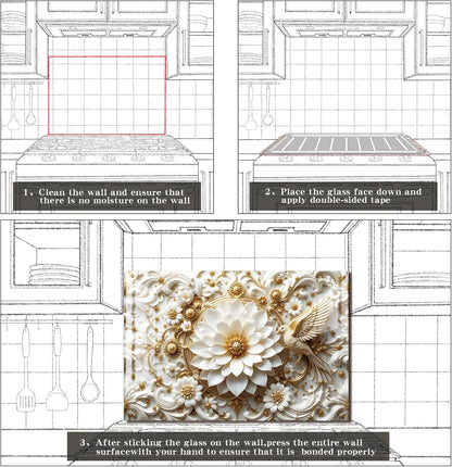 3D Platinum Flowers and Birds - Tempered Glass Backsplash for Kitchen