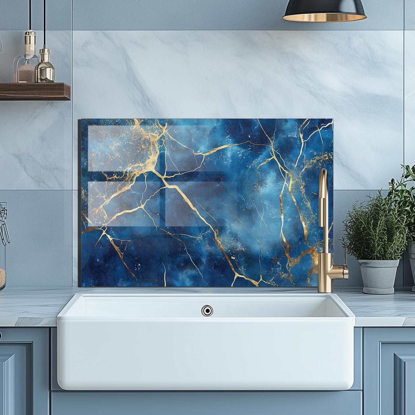 Blue Gold Abstract - Tempered Glass Backsplash for Kitchen