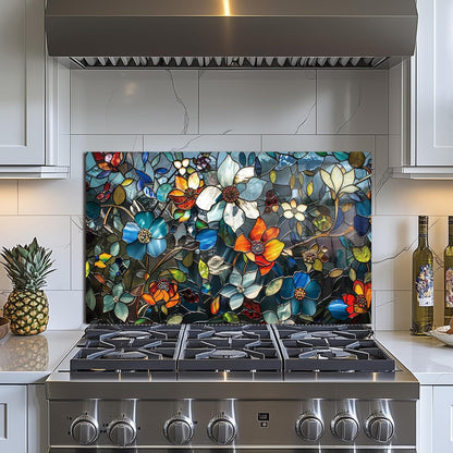 Pixel Flower Tempered Glass Kitchen Backsplash