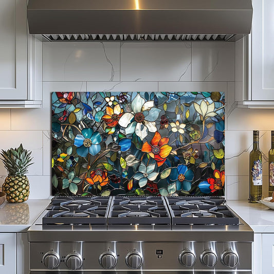 Pixel Flower Tempered Glass Kitchen Backsplash