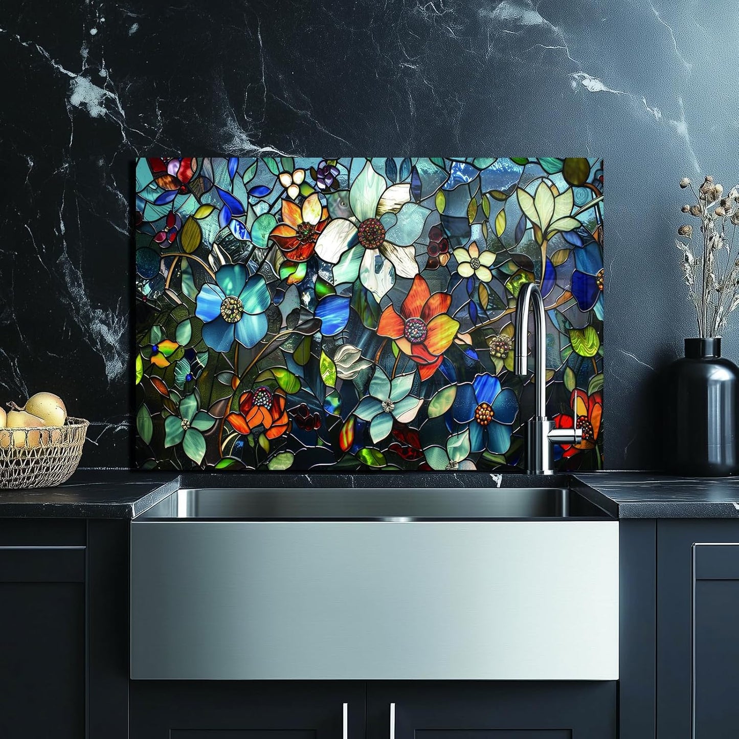 Pixel Flower Tempered Glass Kitchen Backsplash