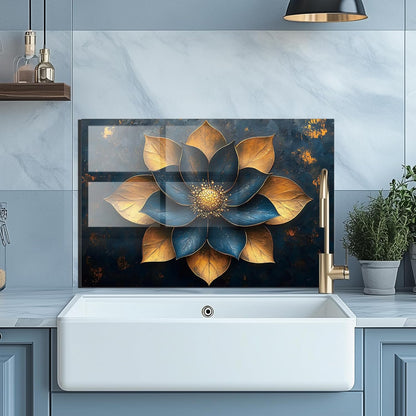 Blue Golden Flowers - Tempered Glass Backsplash for Kitchen