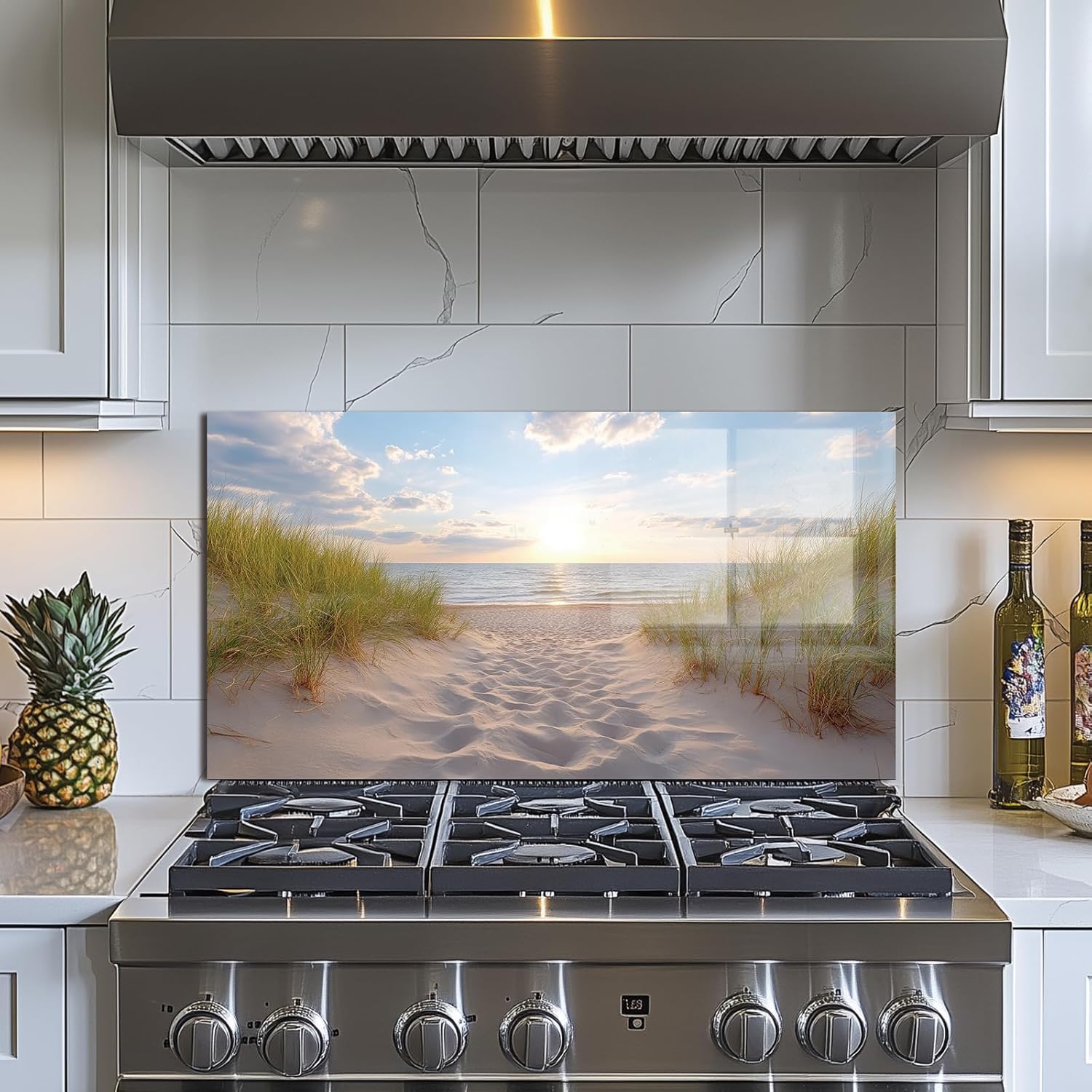 Ocean Beach tempered glass kitchen backsplash behind stove