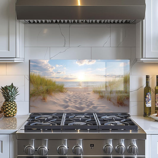 Beach Tempered Glass Kitchen Backsplash