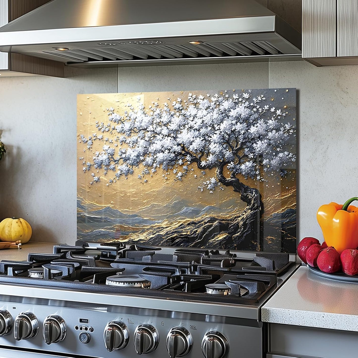 Gold and Silver Tree of Life - Tempered Glass Backsplash for Kitchen