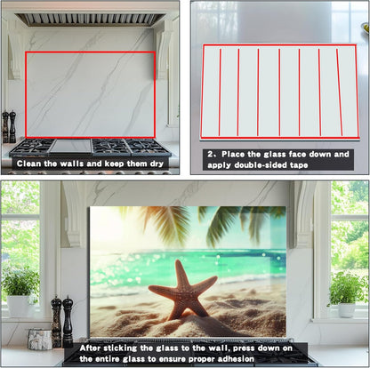 Beach Tempered Glass Kitchen Backsplash