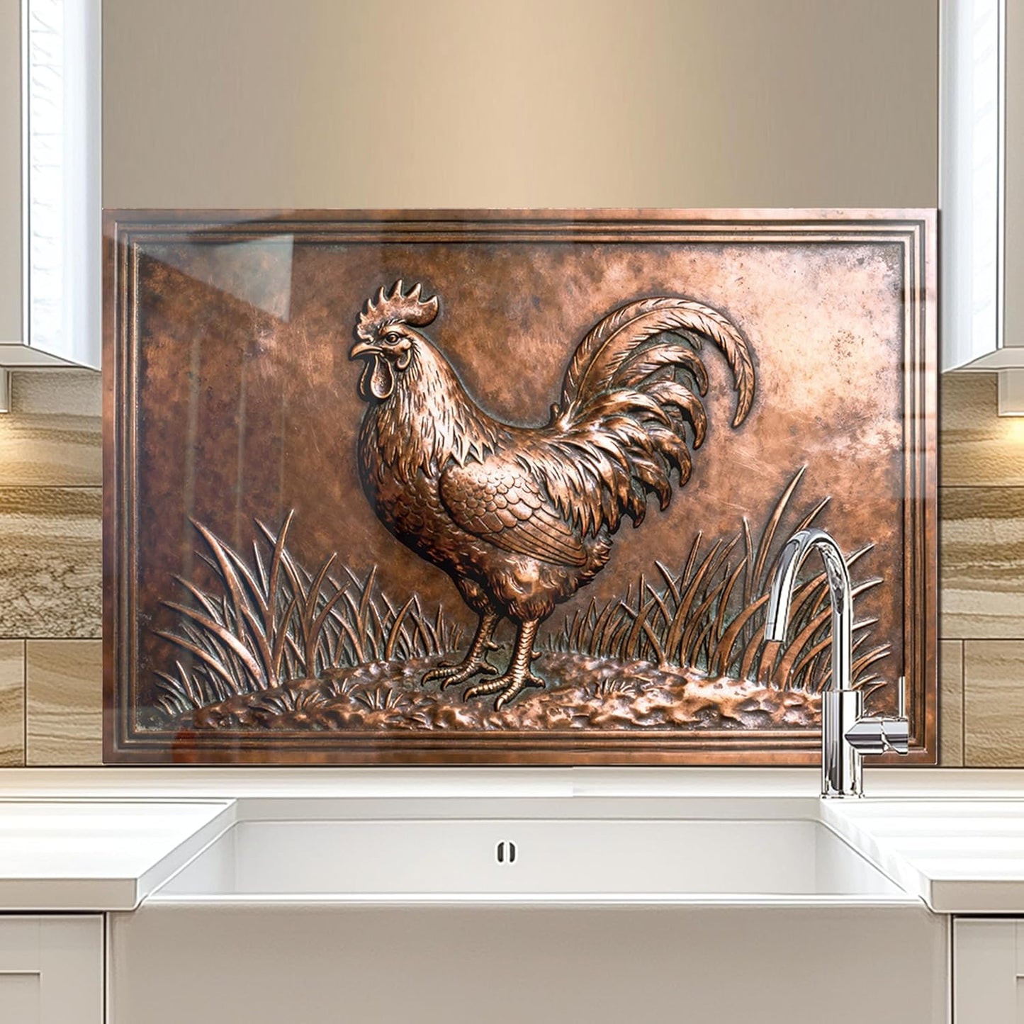Rooster Tempered Glass Kitchen Backsplash