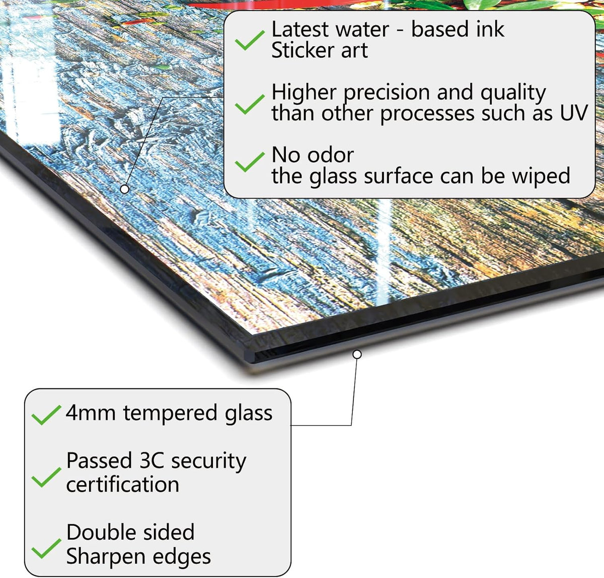Tempered glass backsplash top cover detailed view showing 4mm glass and water-based ink features