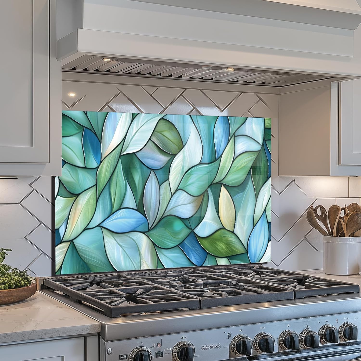 Leaves Tempered Glass Kitchen Backsplash lifestyle view