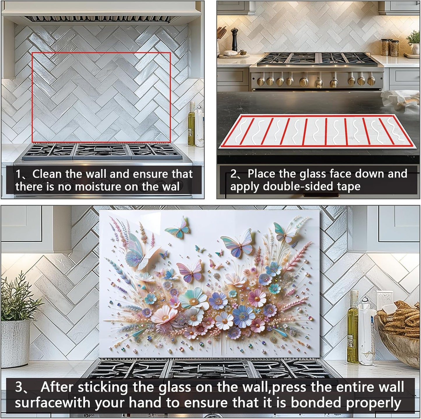 3D Butterfly Flower Blossoms - Tempered Glass Backsplash for Kitchen