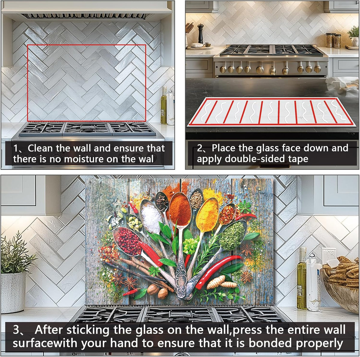 Installation guide for tempered glass wooden spice backsplash showing cleaning, taping, pressing steps