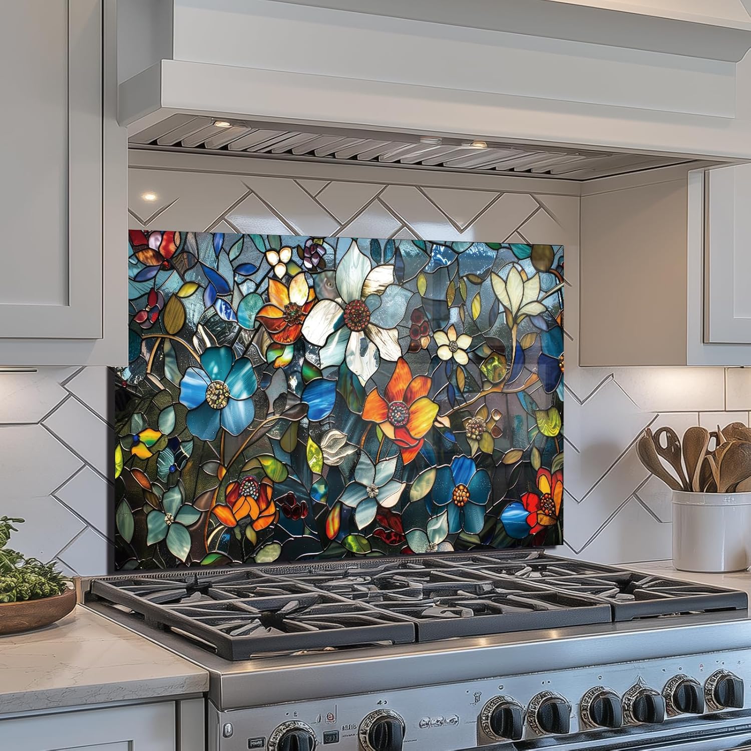 Pixel Flower Tempered Glass Kitchen Backsplash lifestyle view