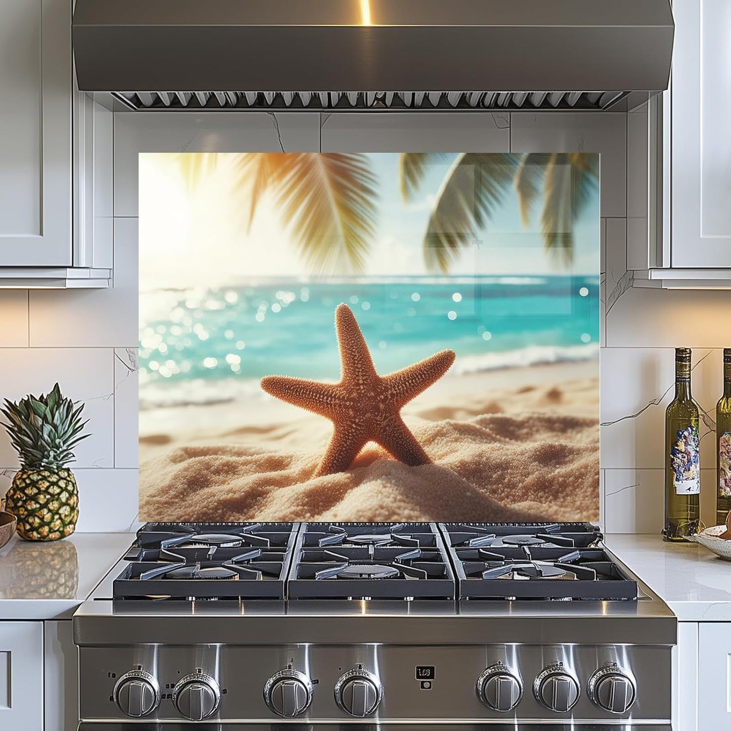 Beach Tempered Glass Kitchen Backsplash