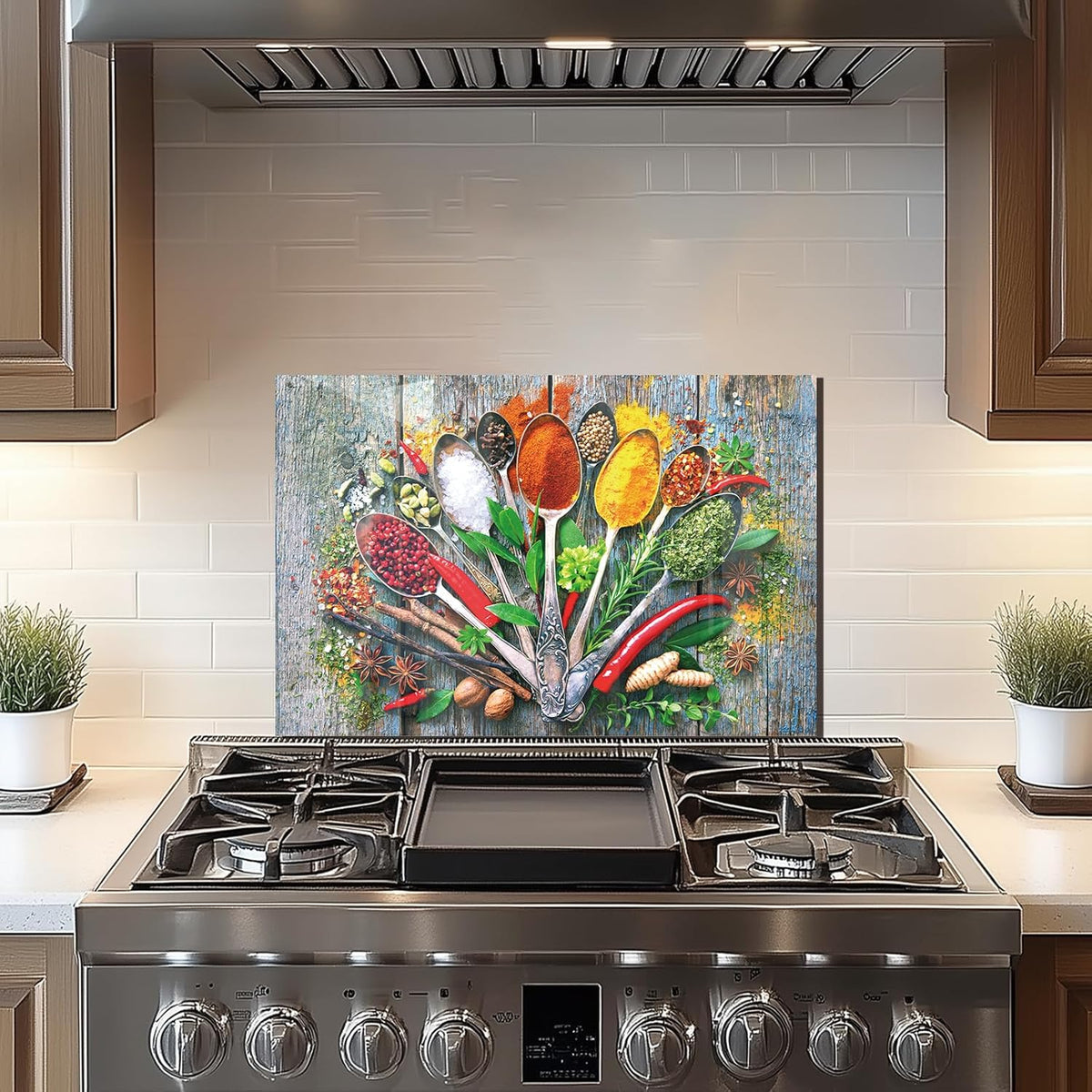 Tempered Glass Wooden Spice Stove Backsplash Top Cover - Colorful Spices & Spoons Design