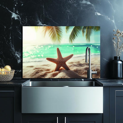 Beach Tempered Glass Kitchen Backsplash