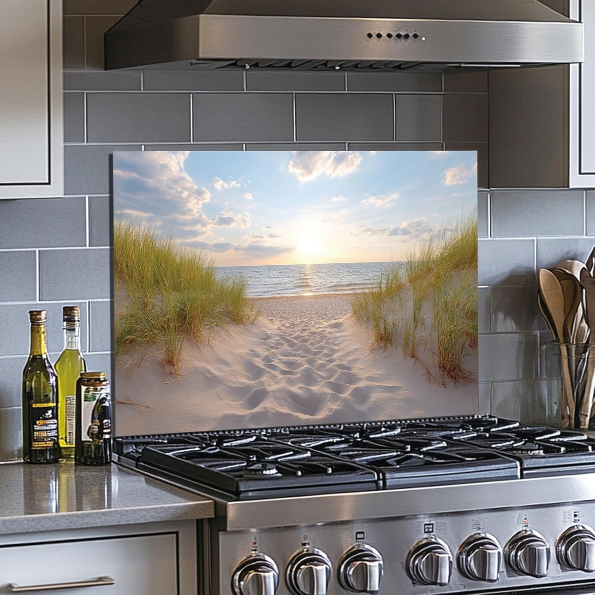 Ocean Beach Tempered Glass Kitchen Backsplash lifestyle view