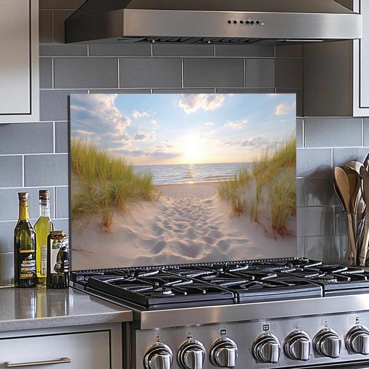 Beach Tempered Glass Kitchen Backsplash