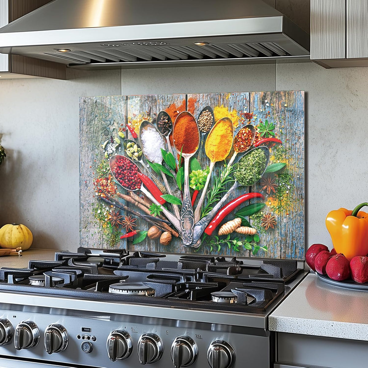 Tempered Glass Wooden Spice Stove Backsplash Top Cover - Vibrant Spices & Spoons Artwork