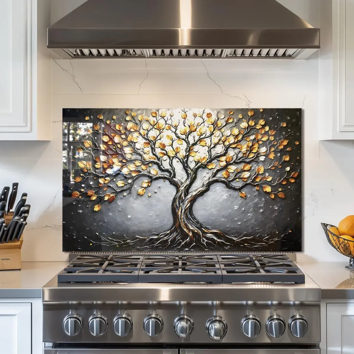 Step 3: Press glass onto wall to install Tempered Glass Stove Splashback Protector with Tree of Life Design