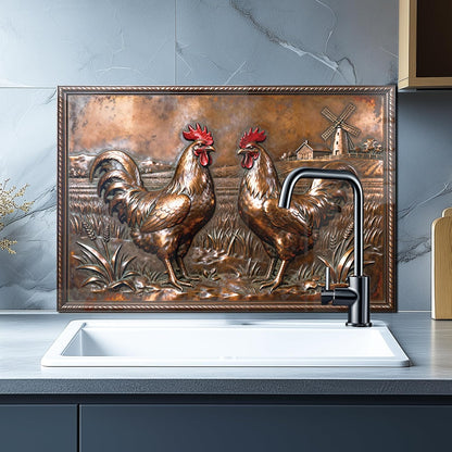 Copper Rooster Tempered Glass Kitchen Backsplash