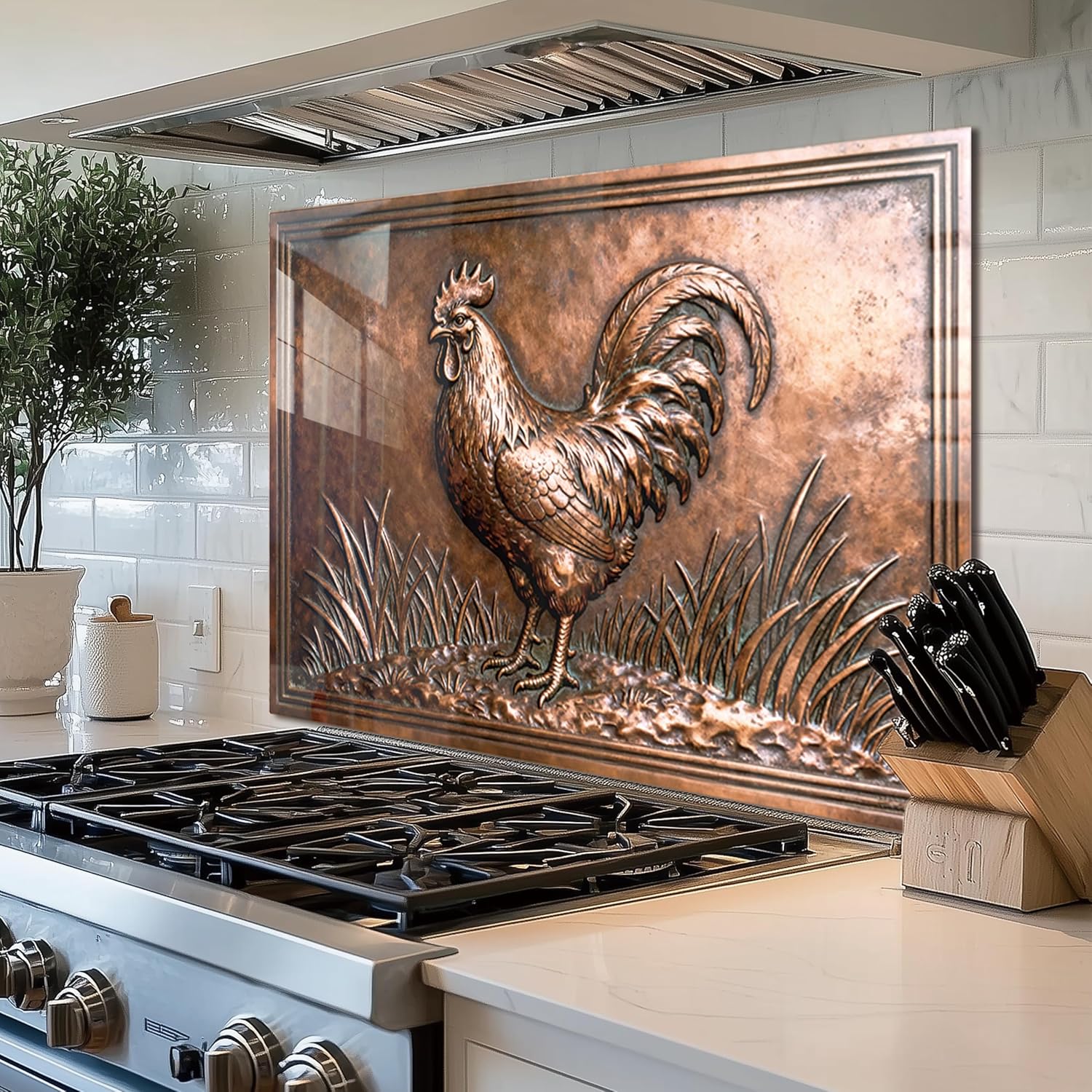 Rooster Tempered Glass Kitchen Backsplash detail view