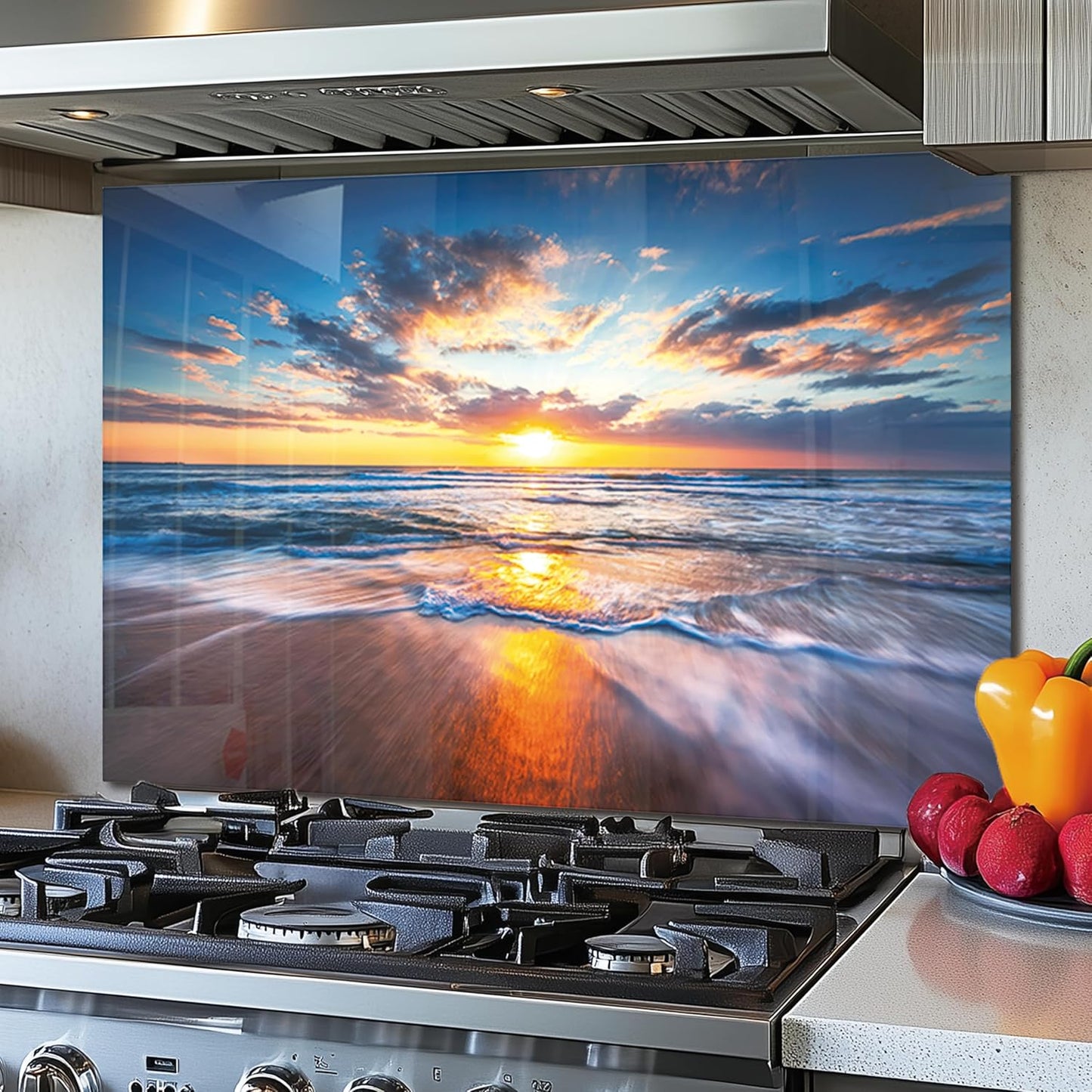 Sea Beach Tempered Glass Kitchen Backsplash