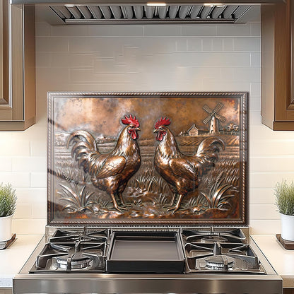 Copper Rooster Tempered Glass Kitchen Backsplash