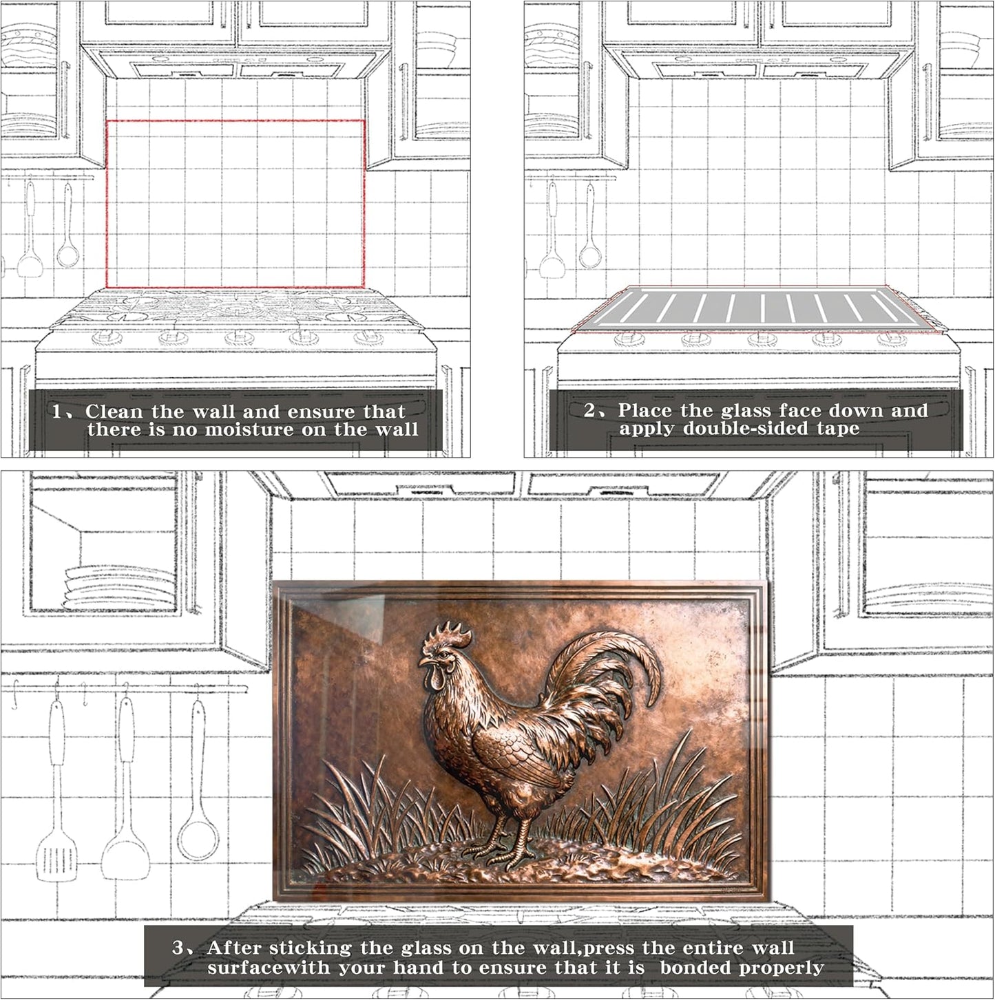 Rooster Tempered Glass Kitchen Backsplash