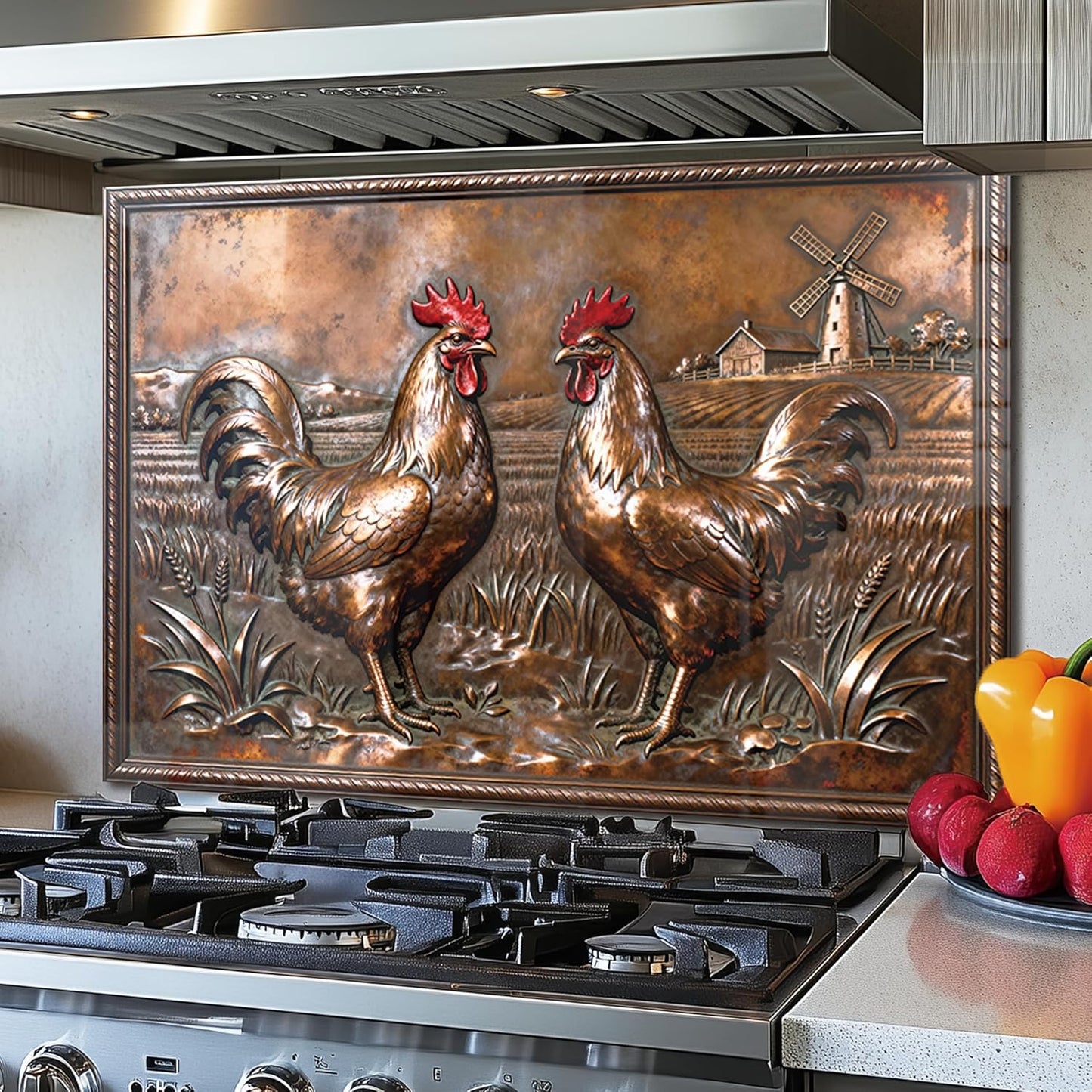 Copper Rooster Tempered Glass Kitchen Backsplash