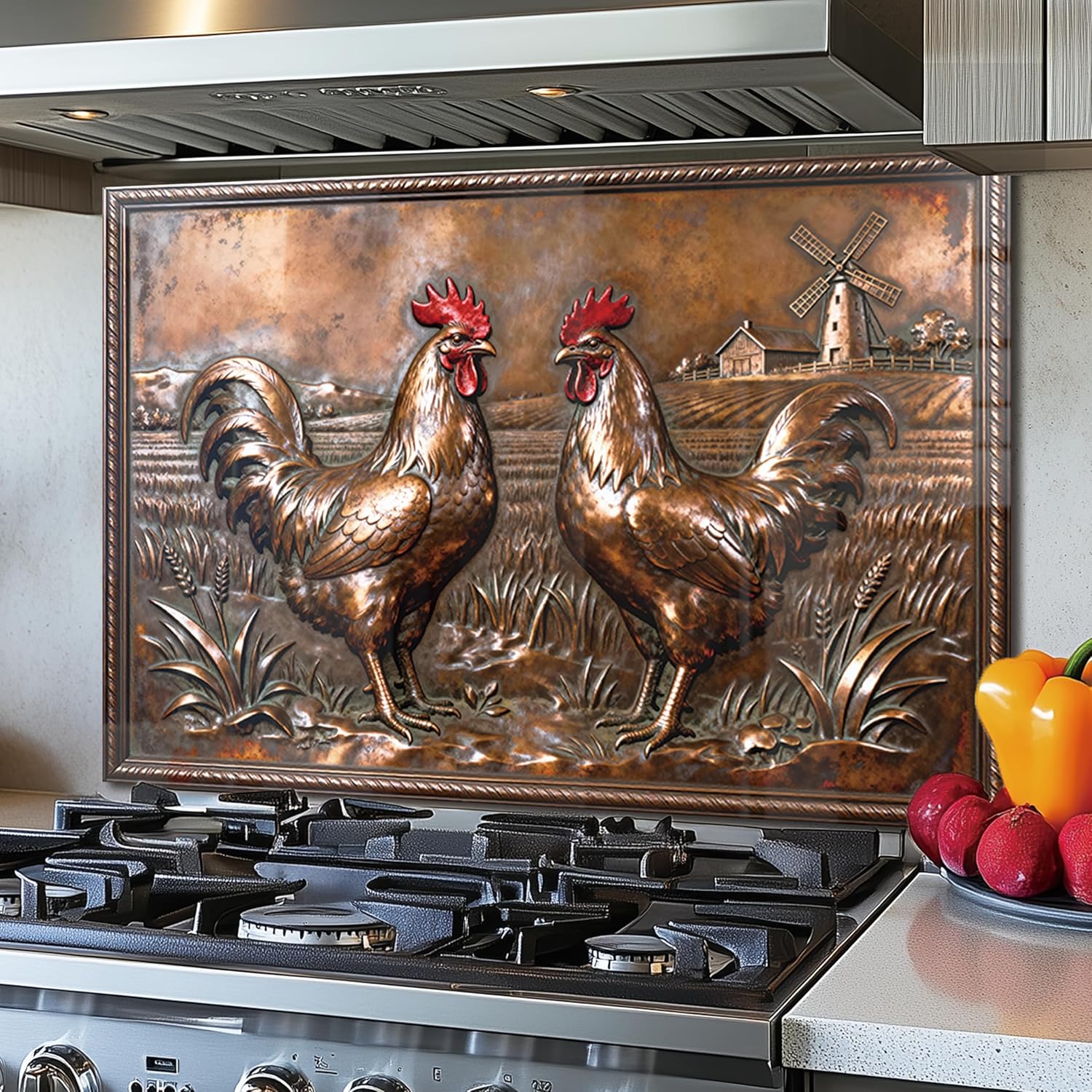 Copper Rooster Tempered Glass Kitchen Backsplash detail view