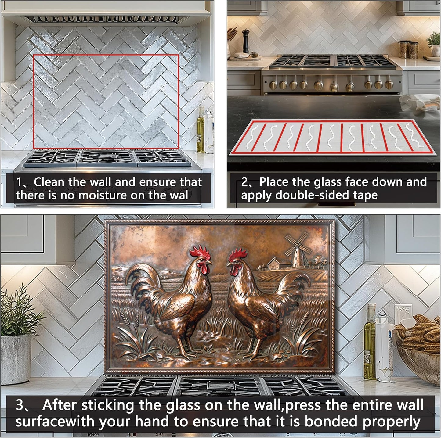 Copper Rooster Tempered Glass Kitchen Backsplash