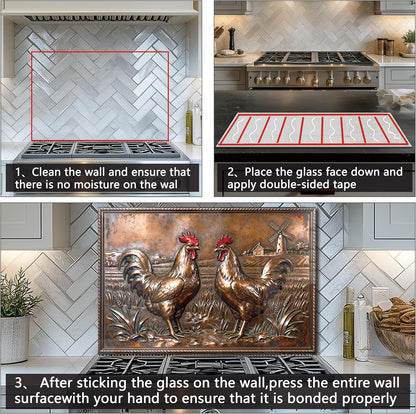 Copper Rooster Tempered Glass Kitchen Backsplash