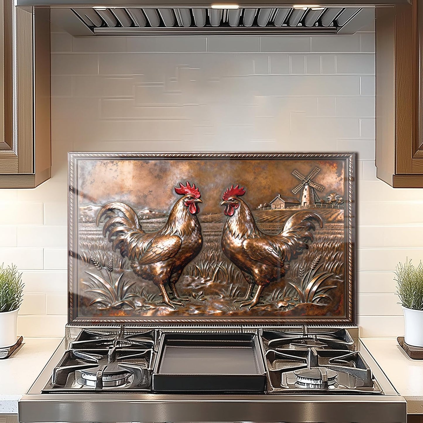 Copper Rooster Tempered Glass Kitchen Backsplash