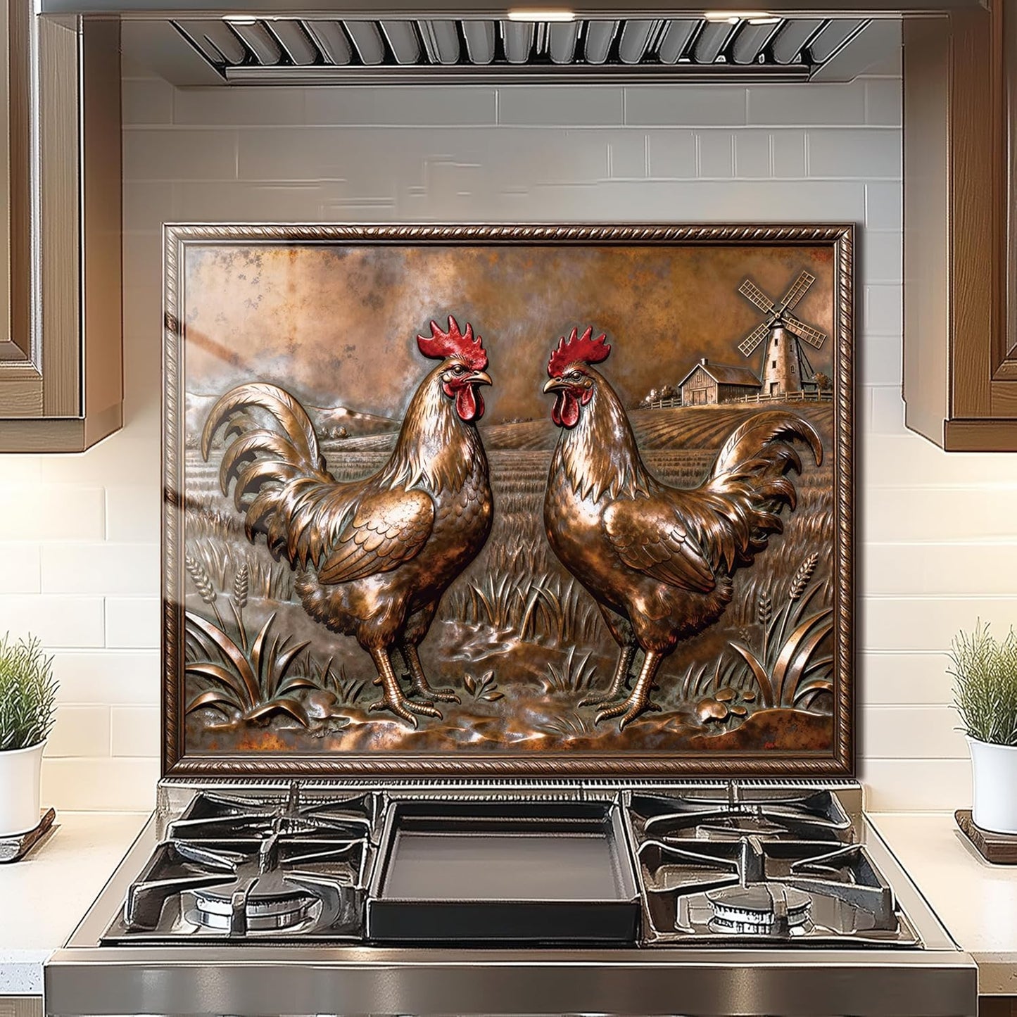 Copper Rooster Tempered Glass Kitchen Backsplash