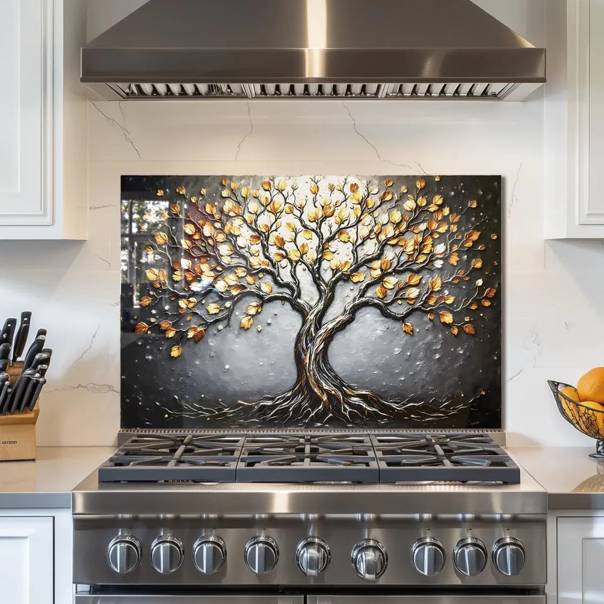 Tempered Glass Stove Splashback Protector with Tree of Life Design installed above stainless steel stove