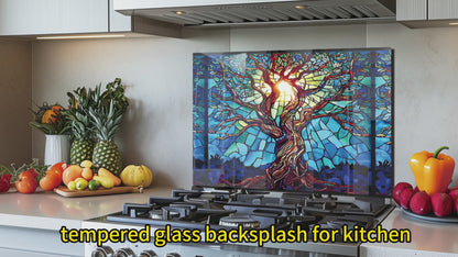 Tree of Life Tempered Glass Kitchen Backsplash