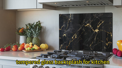 Tempered Glass Black Marbling Stove Backsplash Top Cover